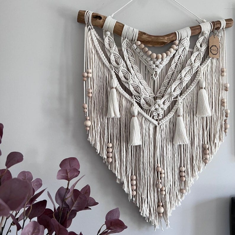 Handmade Macrame Wall Hanging with Tassels | Medium Macrame Backdrop | Eco-Friendly Ecru Cotton & Wooden Beads Ideal Gift