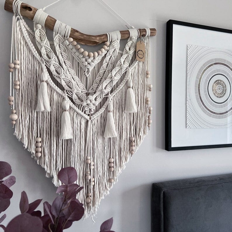 Handmade Macrame Wall Hanging with Tassels | Medium Macrame Backdrop | Eco-Friendly Ecru Cotton & Wooden Beads Ideal Gift