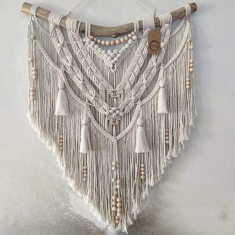 Handmade Macrame Wall Hanging with Tassels | Medium Macrame Backdrop | Eco-Friendly Ecru Cotton & Wooden Beads Ideal Gift