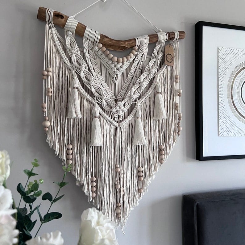 Handmade Macrame Wall Hanging with Tassels | Medium Macrame Backdrop | Eco-Friendly Ecru Cotton & Wooden Beads Ideal Gift