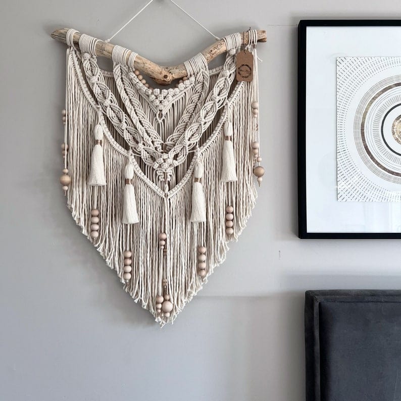 Handmade Macrame Wall Hanging with Tassels | Medium Macrame Backdrop | Eco-Friendly Ecru Cotton & Wooden Beads Ideal Gift