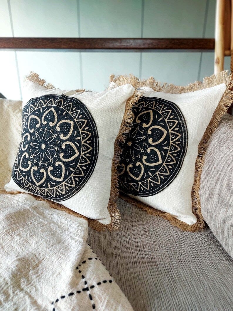 Handmade Mandala Art Pillow Covers with Hemp Fringe, Beige and Black, 45x45cm