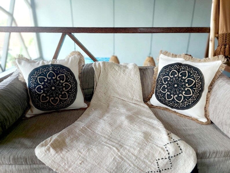 Handmade Mandala Art Pillow Covers with Hemp Fringe, Beige and Black, 45x45cm