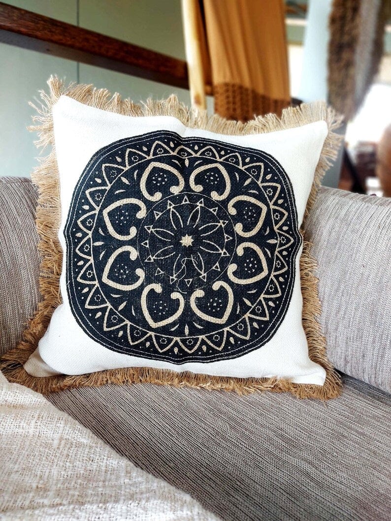 Handmade Mandala Art Pillow Covers with Hemp Fringe, Beige and Black, 45x45cm