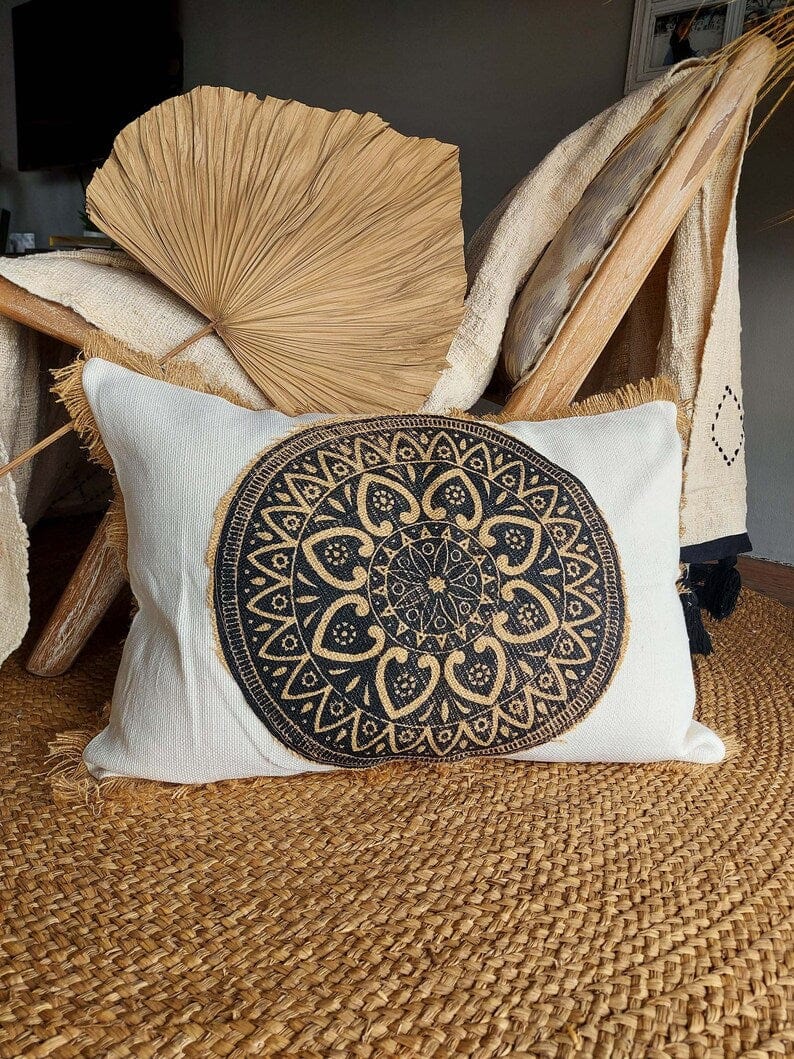 Handmade Mandala Art Pillow Covers with Hemp Fringe, Beige and Black, 45x45cm