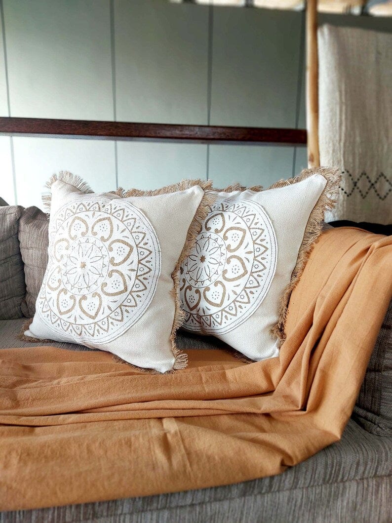 Handmade Mandala Art Pillow Covers with Hemp Fringe, Beige and Black, 45x45cm