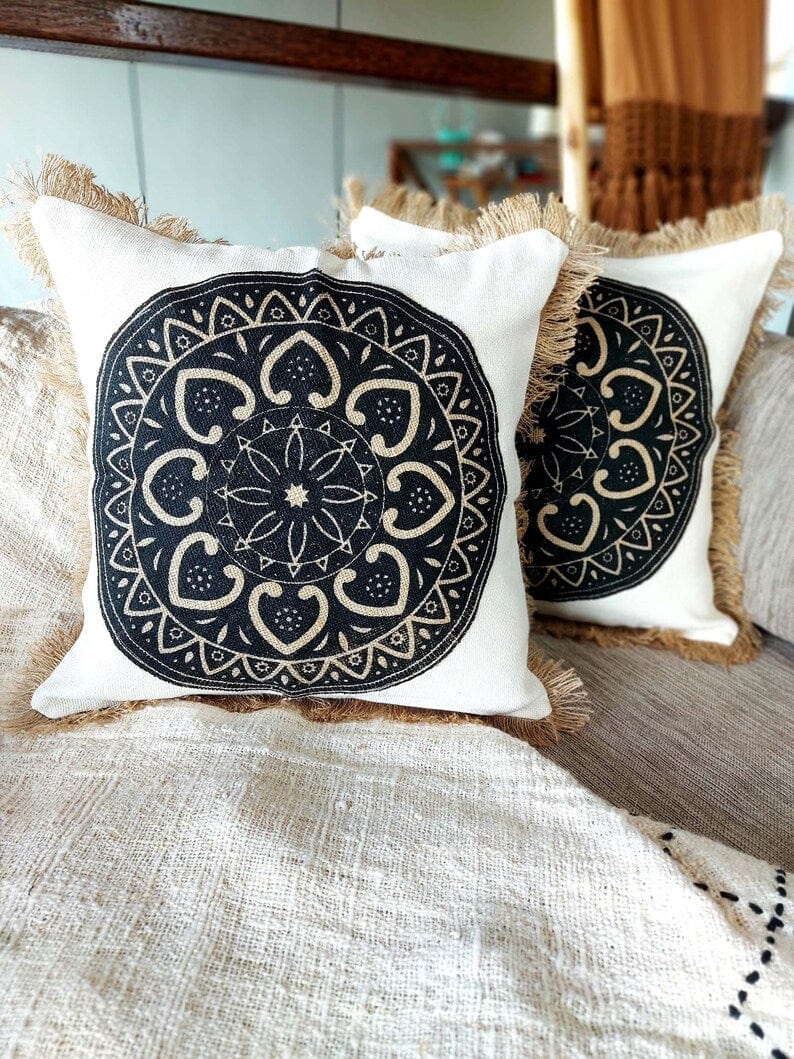 Handmade Mandala Art Pillow Covers with Hemp Fringe, Beige and Black, 45x45cm