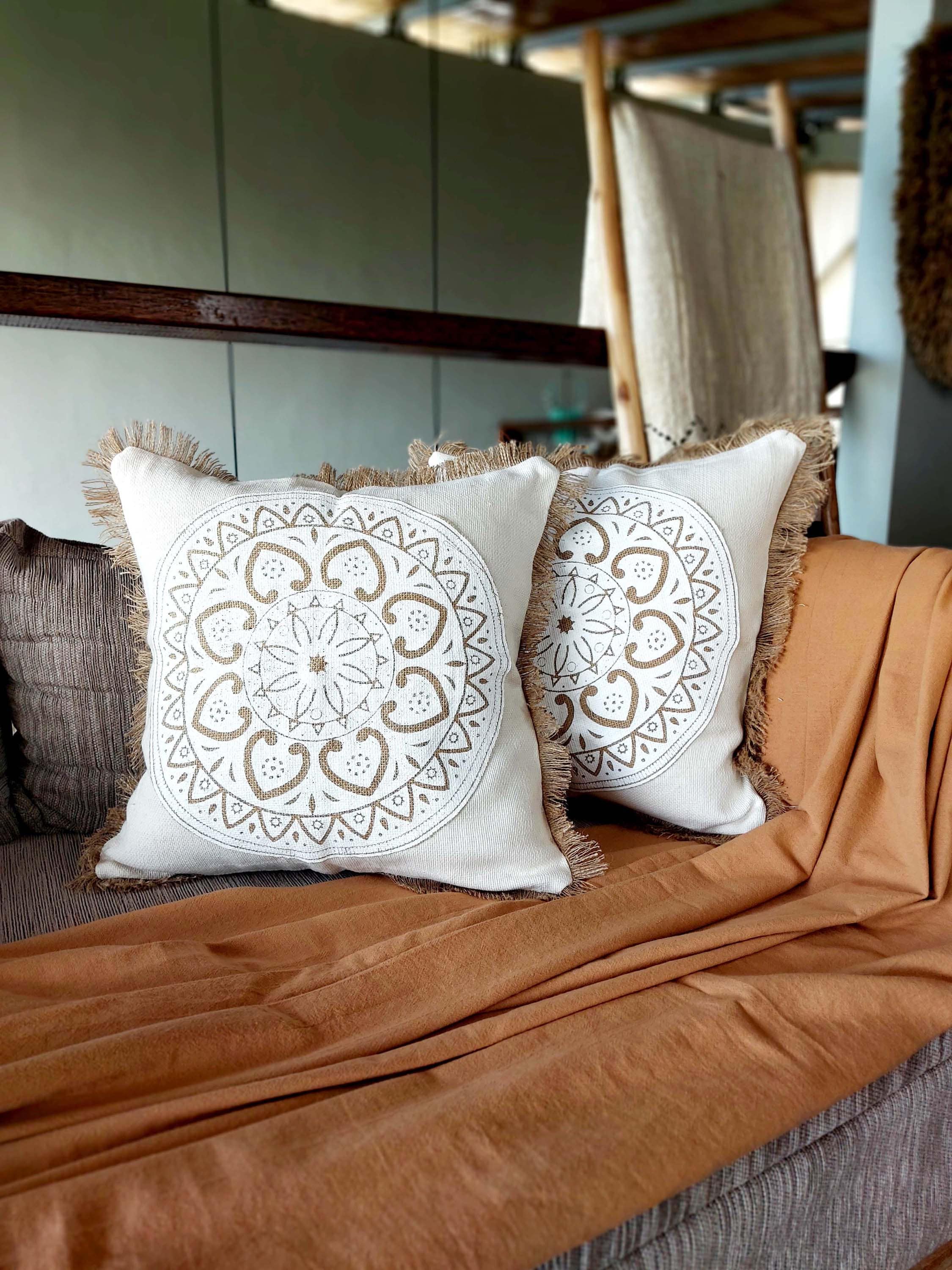 Handmade Mandala Art Pillow Covers with Hemp Fringe, Beige and Black, 45x45cm