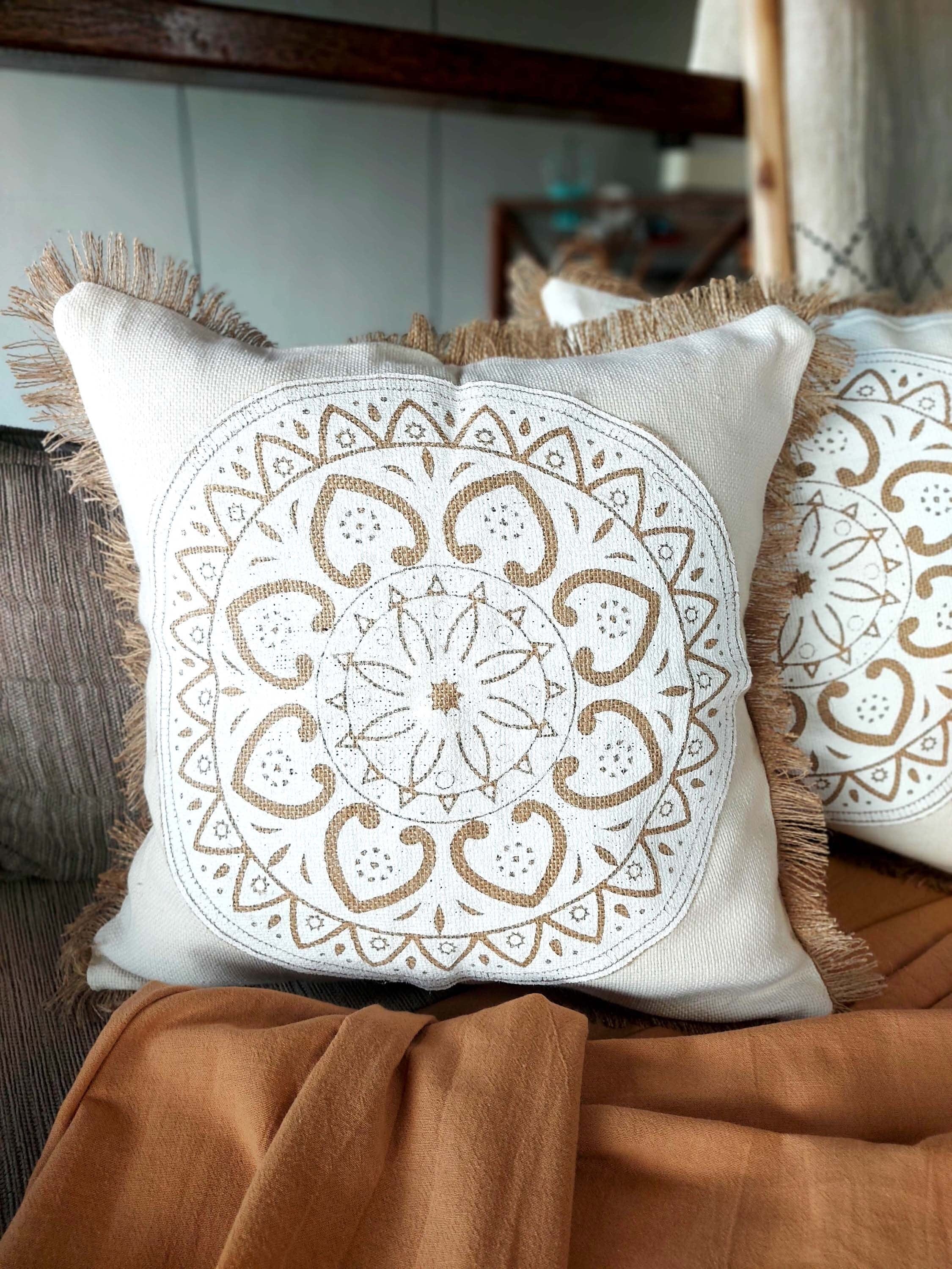 Handmade Mandala Art Pillow Covers with Hemp Fringe, Beige and Black, 45x45cm