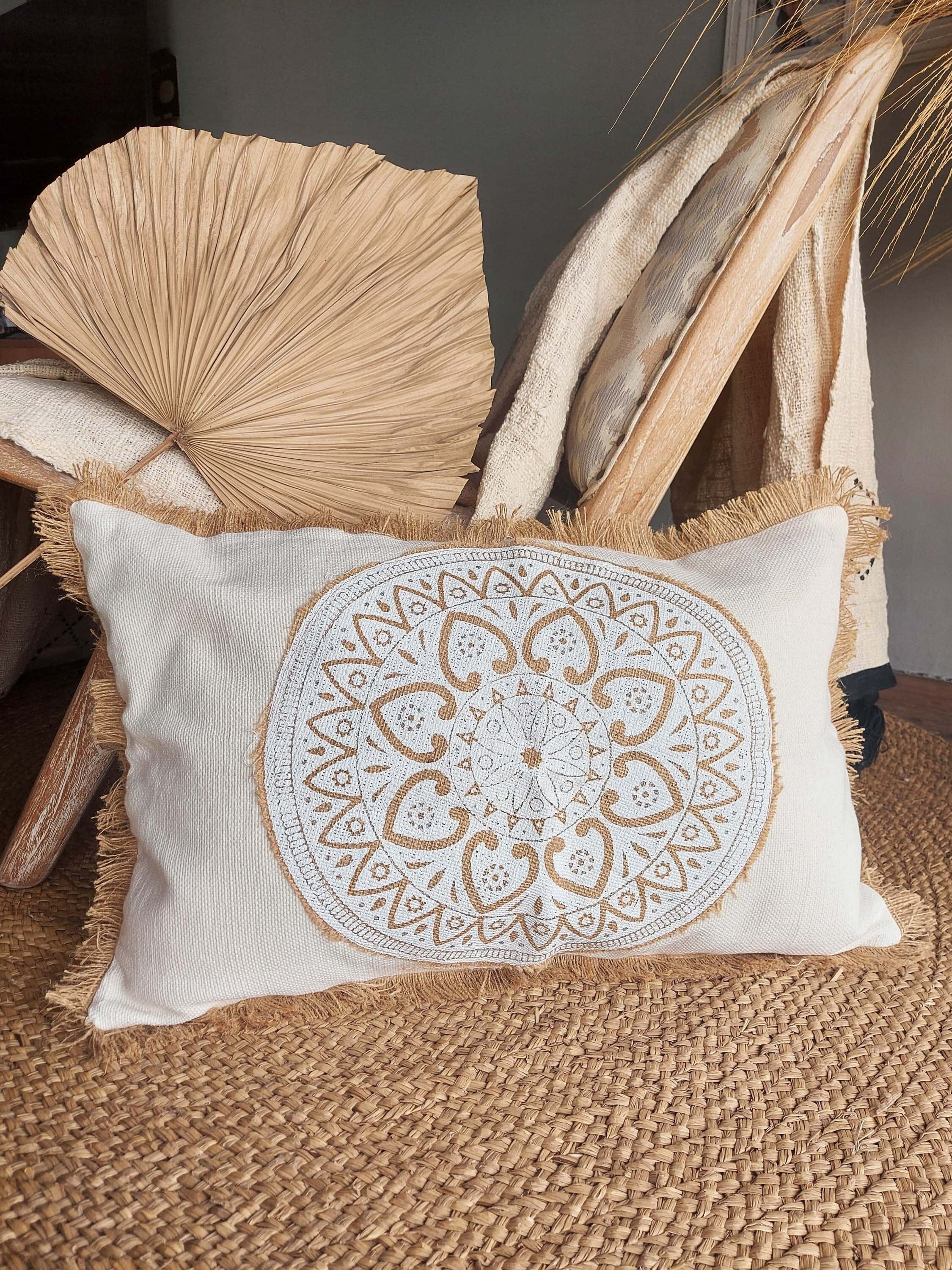 Handmade Mandala Art Pillow Covers with Hemp Fringe, Beige and Black, 45x45cm