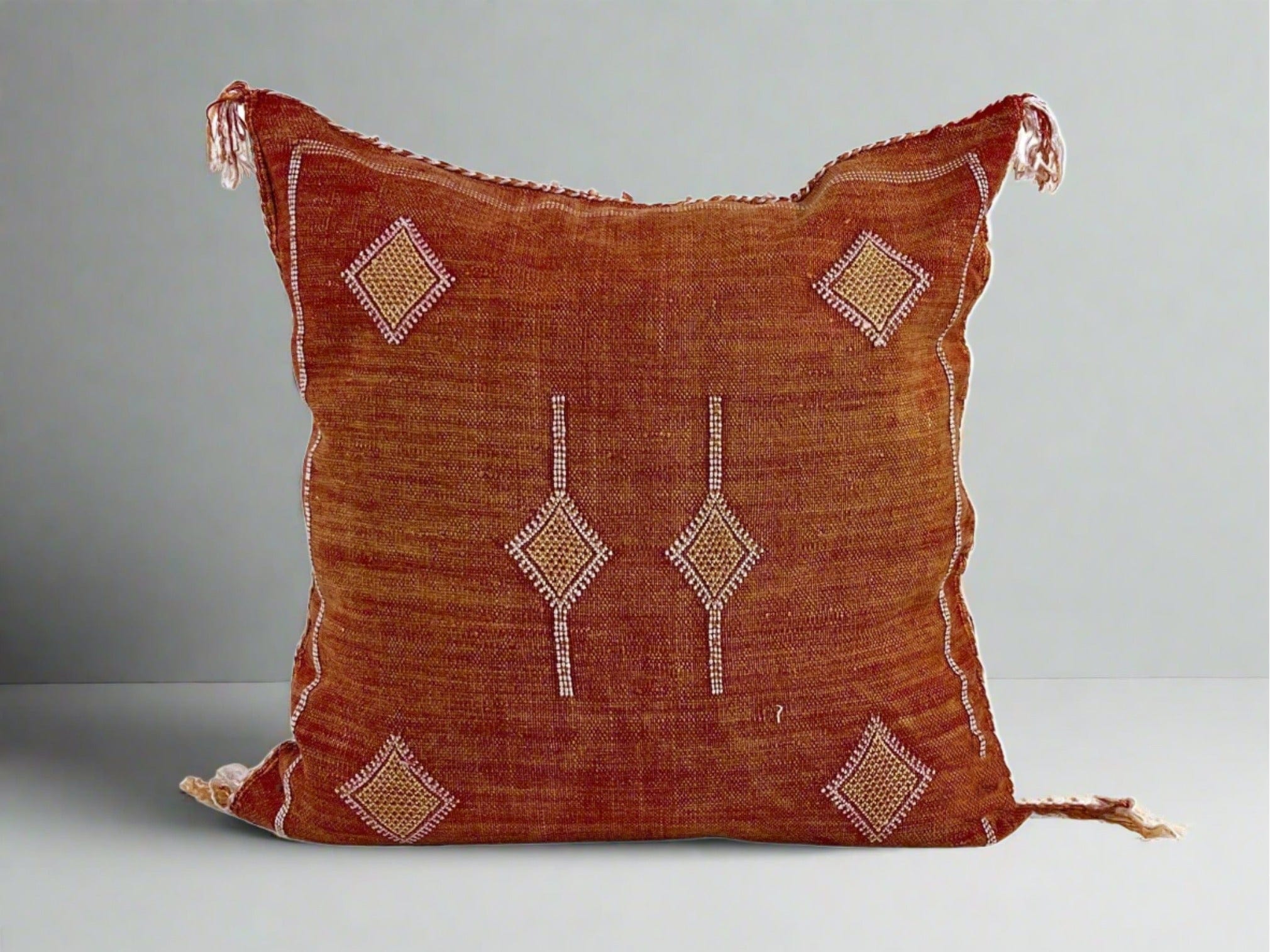 Handmade Moroccan Cactus Silk Pillow, Orange Decorative Throw Pillow Cover - 18x18 Inches