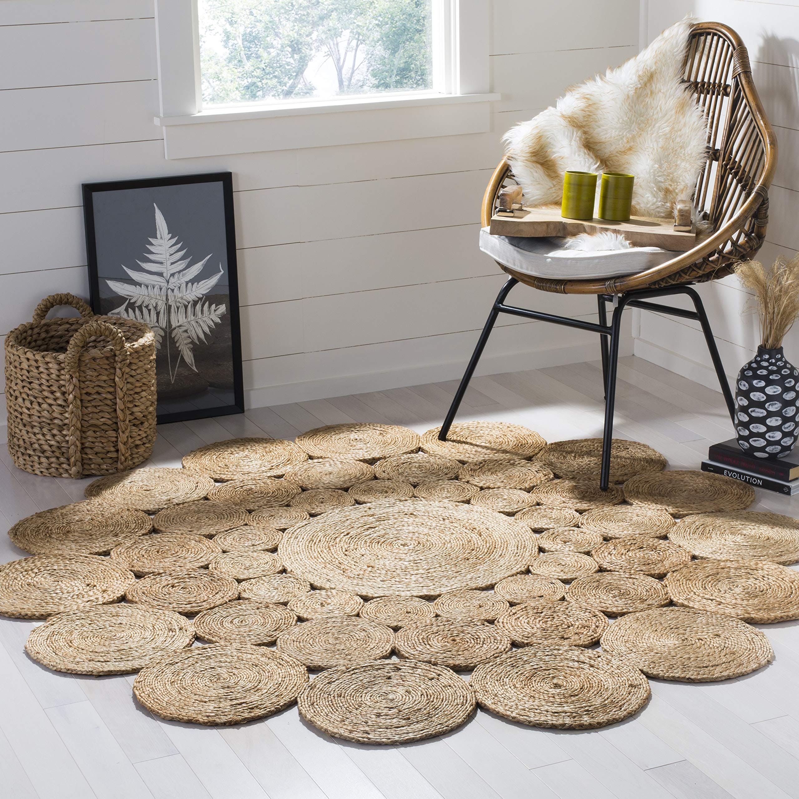 Handmade Natural Fiber Jute Area Rug – 6' Round, Boho Farmhouse Charm, Ideal for High Traffic Living Rooms and Bedrooms