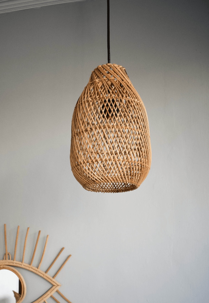 Handmade Natural Rattan Pendant Lamp Shade | Versatile Boho Lighting | Eco-Friendly Home Decor - 12.6" x 8.7" - Natural