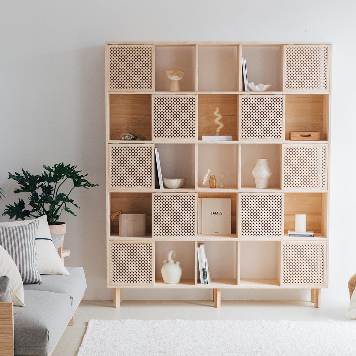 Handmade Natural Solid Wood Bookcase – Rustic Storage Furniture with Mediterranean Lattice Doors