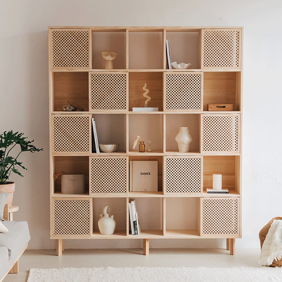 Handmade Natural Solid Wood Bookcase – Rustic Storage Furniture with Mediterranean Lattice Doors