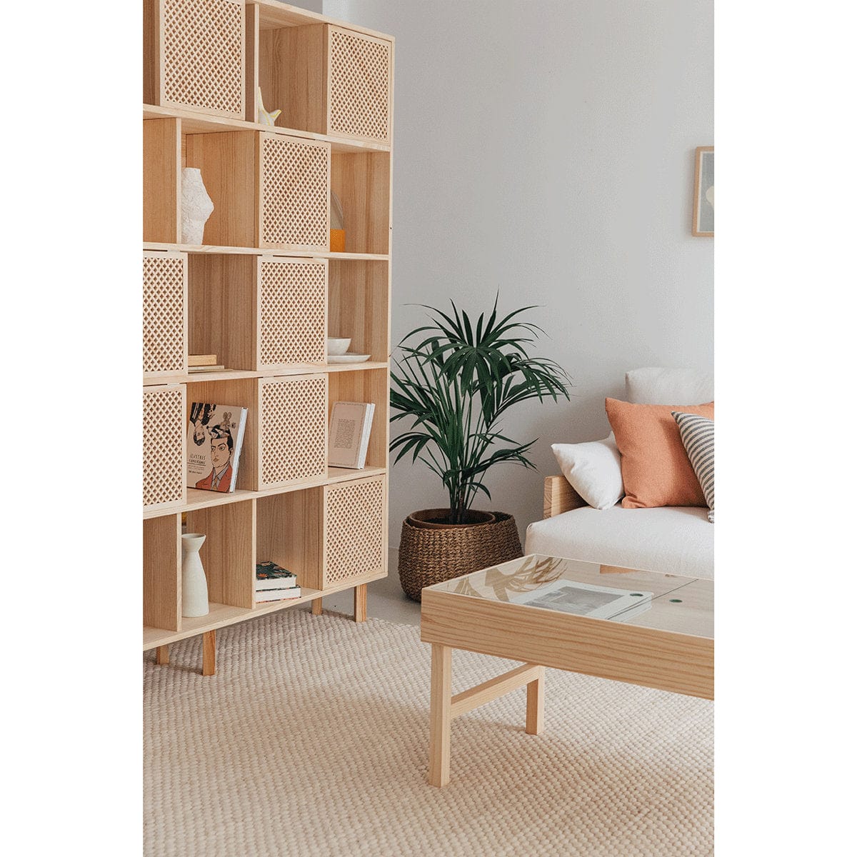 Handmade Natural Solid Wood Bookcase – Rustic Storage Furniture with Mediterranean Lattice Doors