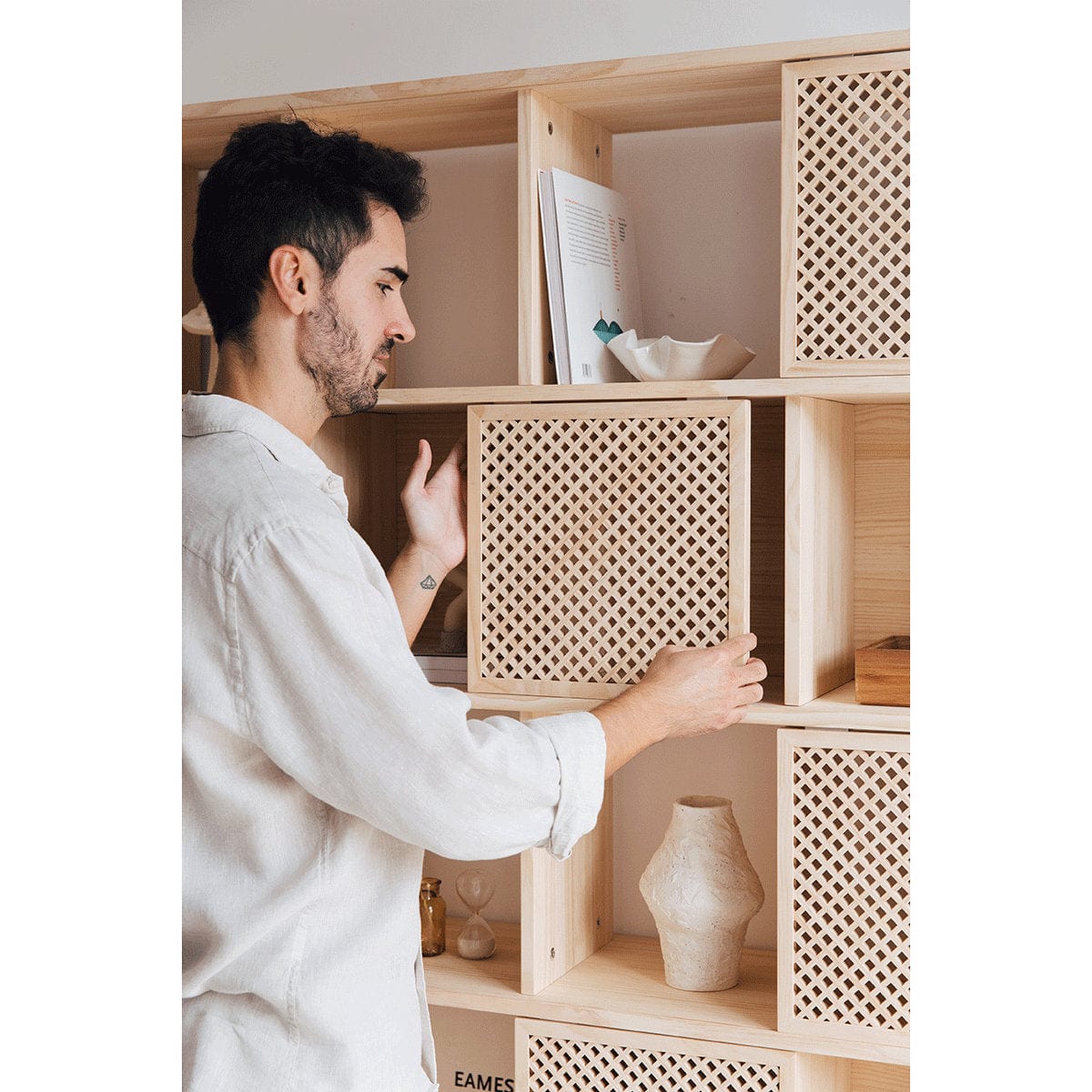 Handmade Natural Solid Wood Bookcase – Rustic Storage Furniture with Mediterranean Lattice Doors