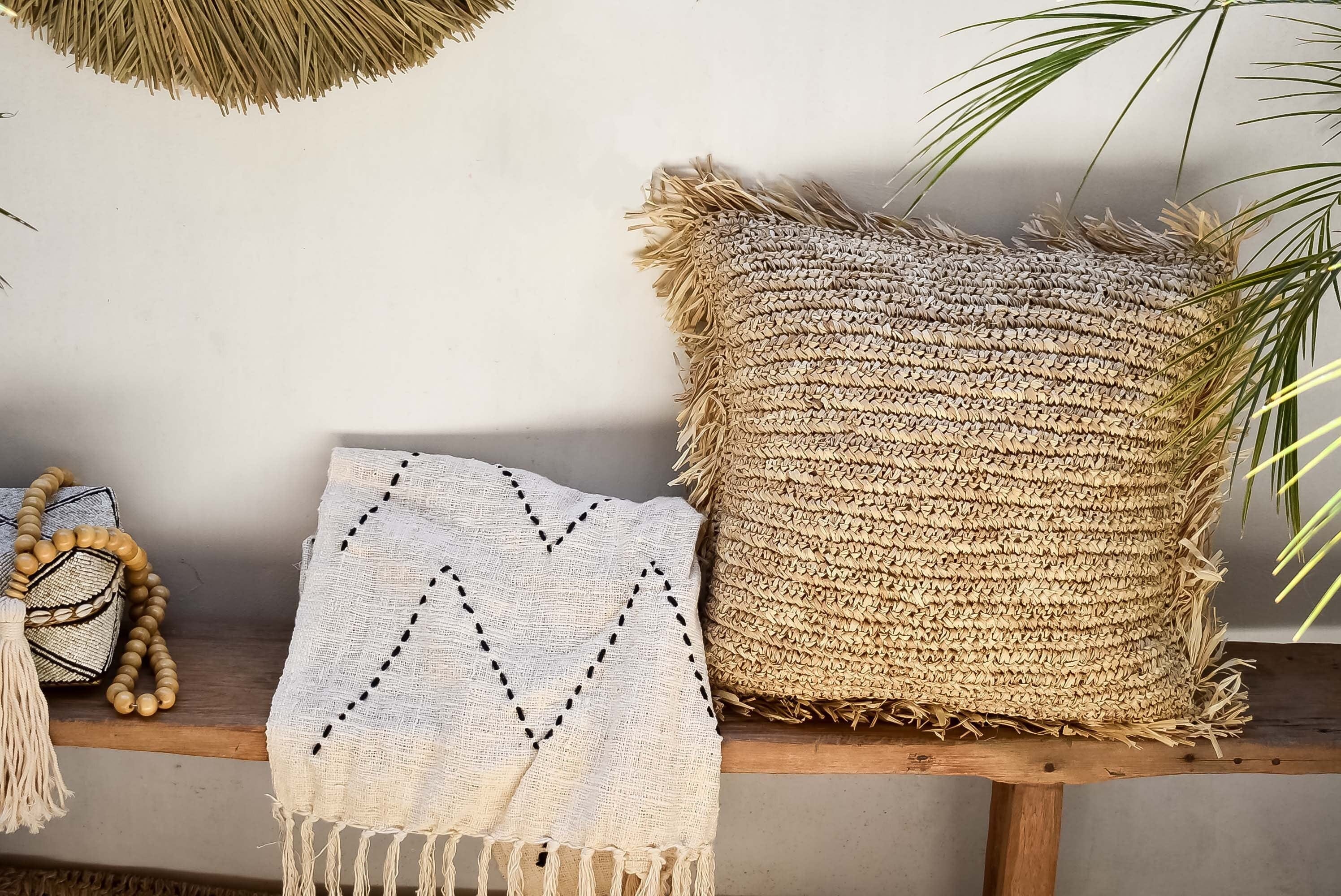 Handmade Raffia Fringe Seagrass Pillow Cover, Eco-Friendly Bohemian Throw Pillow, Rustic Accent Jute Cushion Case