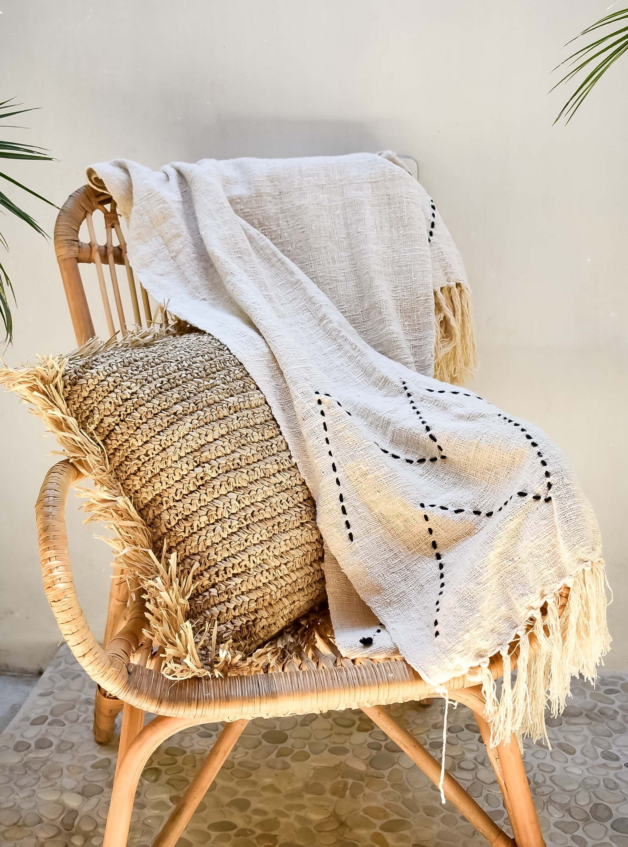 Handmade Raffia Fringe Seagrass Pillow Cover, Eco-Friendly Bohemian Throw Pillow, Rustic Accent Jute Cushion Case