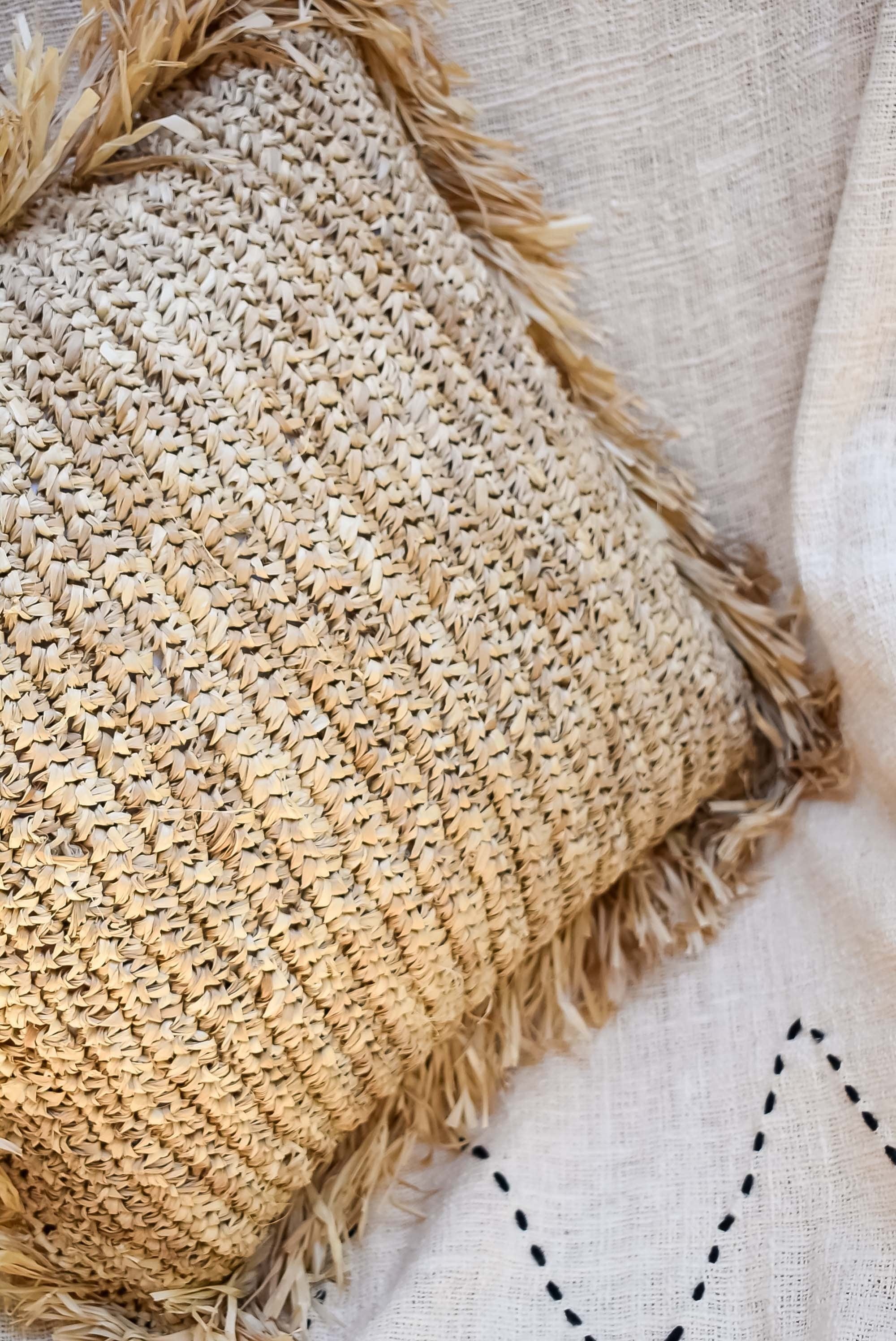 Handmade Raffia Fringe Seagrass Pillow Cover, Eco-Friendly Bohemian Throw Pillow, Rustic Accent Jute Cushion Case