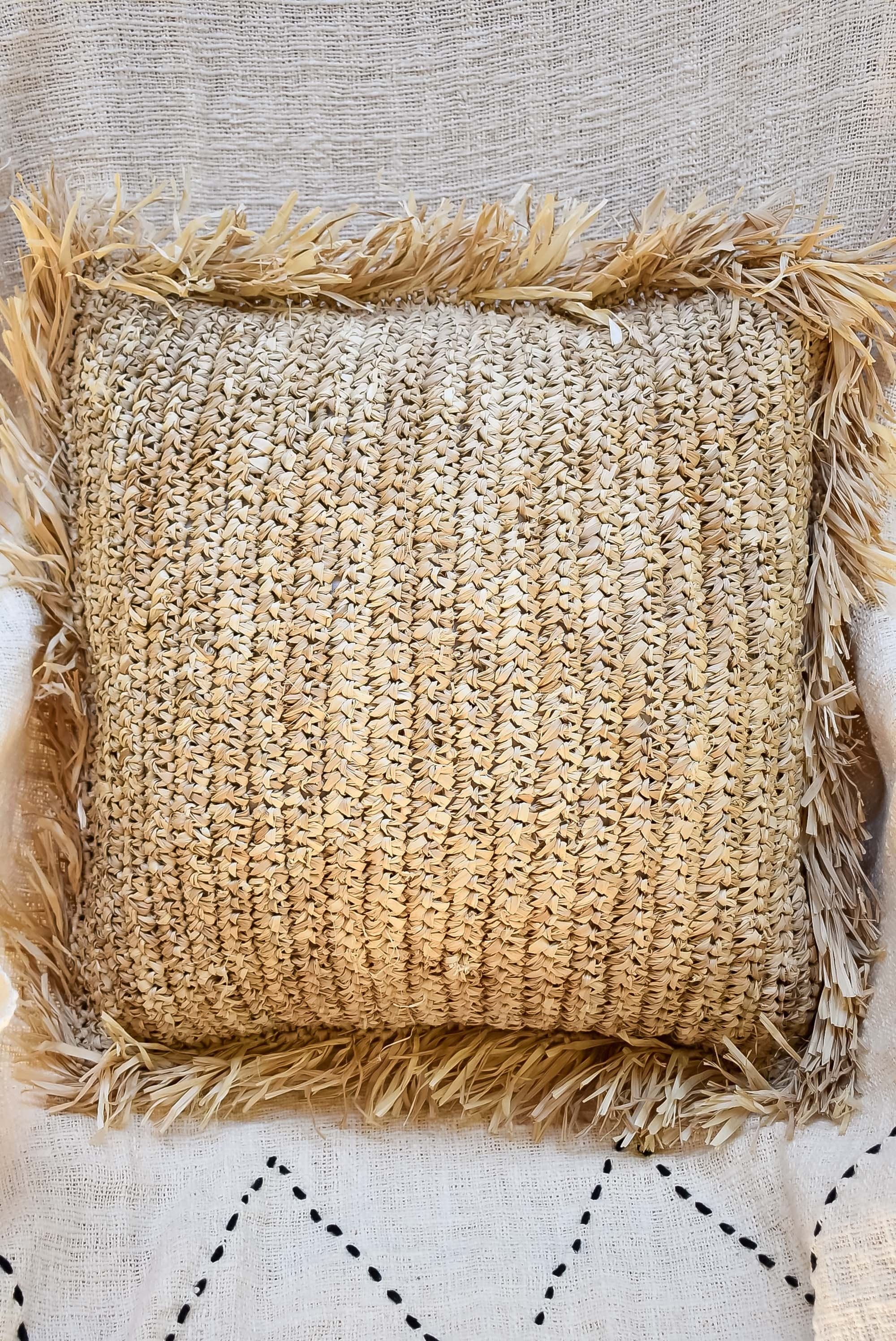 Handmade Raffia Fringe Seagrass Pillow Cover, Eco-Friendly Bohemian Throw Pillow, Rustic Accent Jute Cushion Case