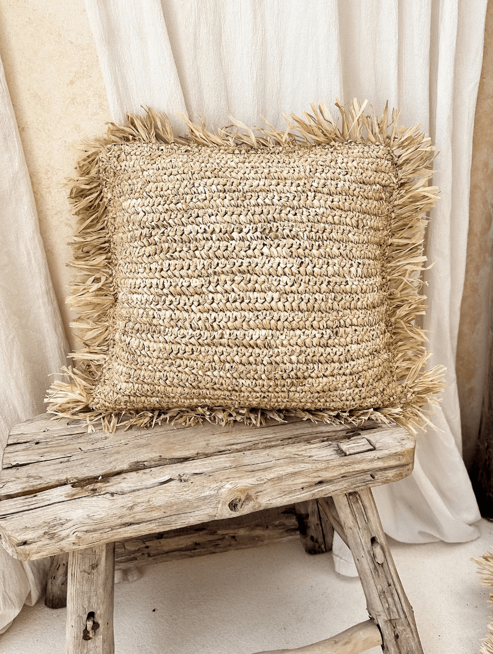 Handmade Raffia Fringe Seagrass Pillow Cover, Eco-Friendly Bohemian Throw Pillow, Rustic Accent Jute Cushion Case