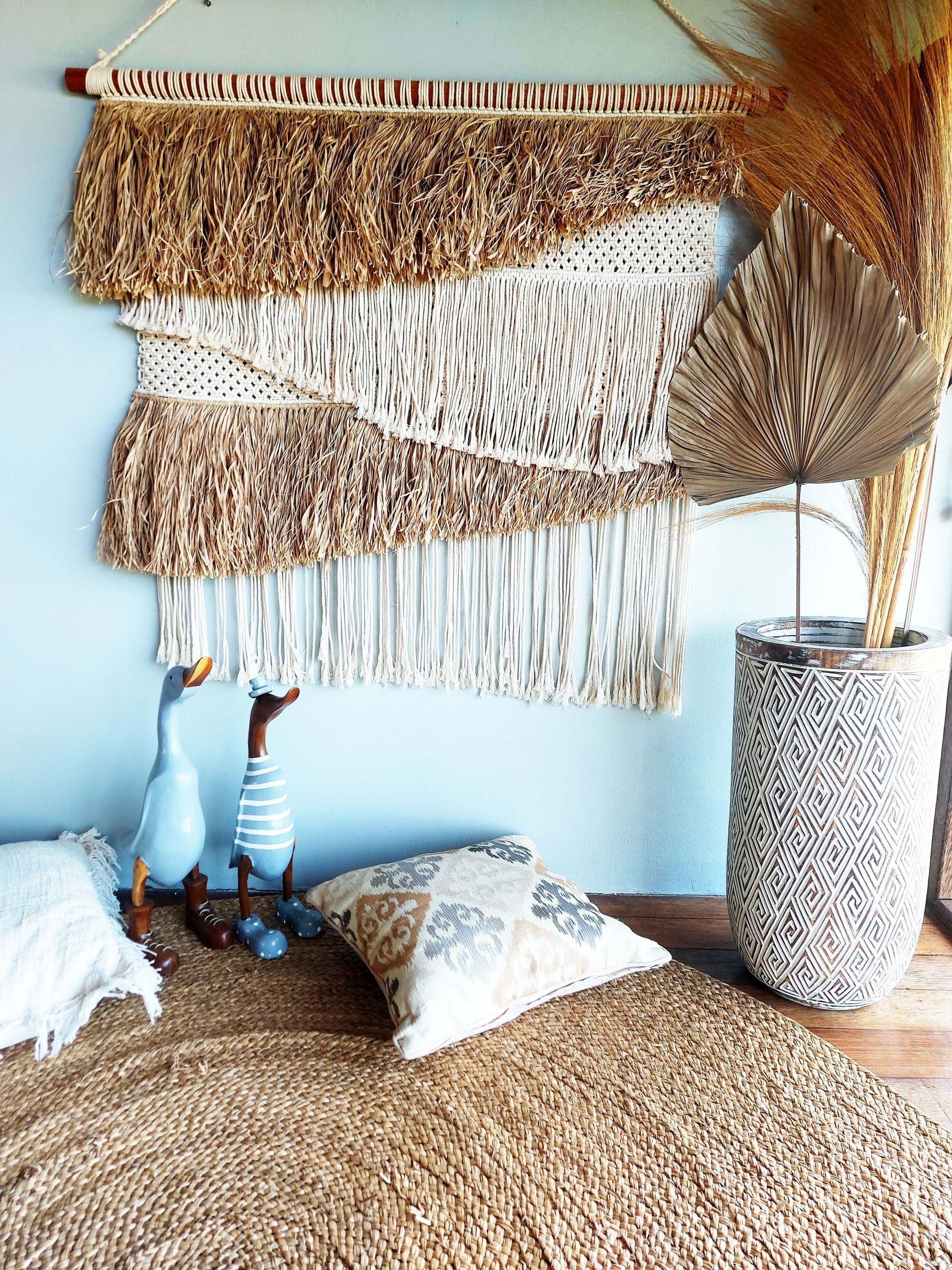 Handmade Raffia Macrame Wall Hanging – Woven Tapestry, Modern Boho Headboard, Natural Seagrass, 108cm x 87cm