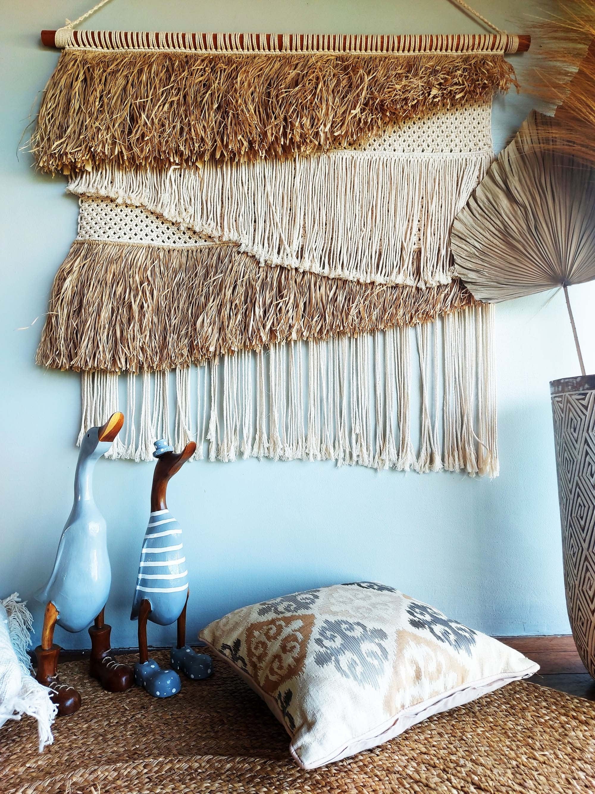 Handmade Raffia Macrame Wall Hanging – Woven Tapestry, Modern Boho Headboard, Natural Seagrass, 108cm x 87cm