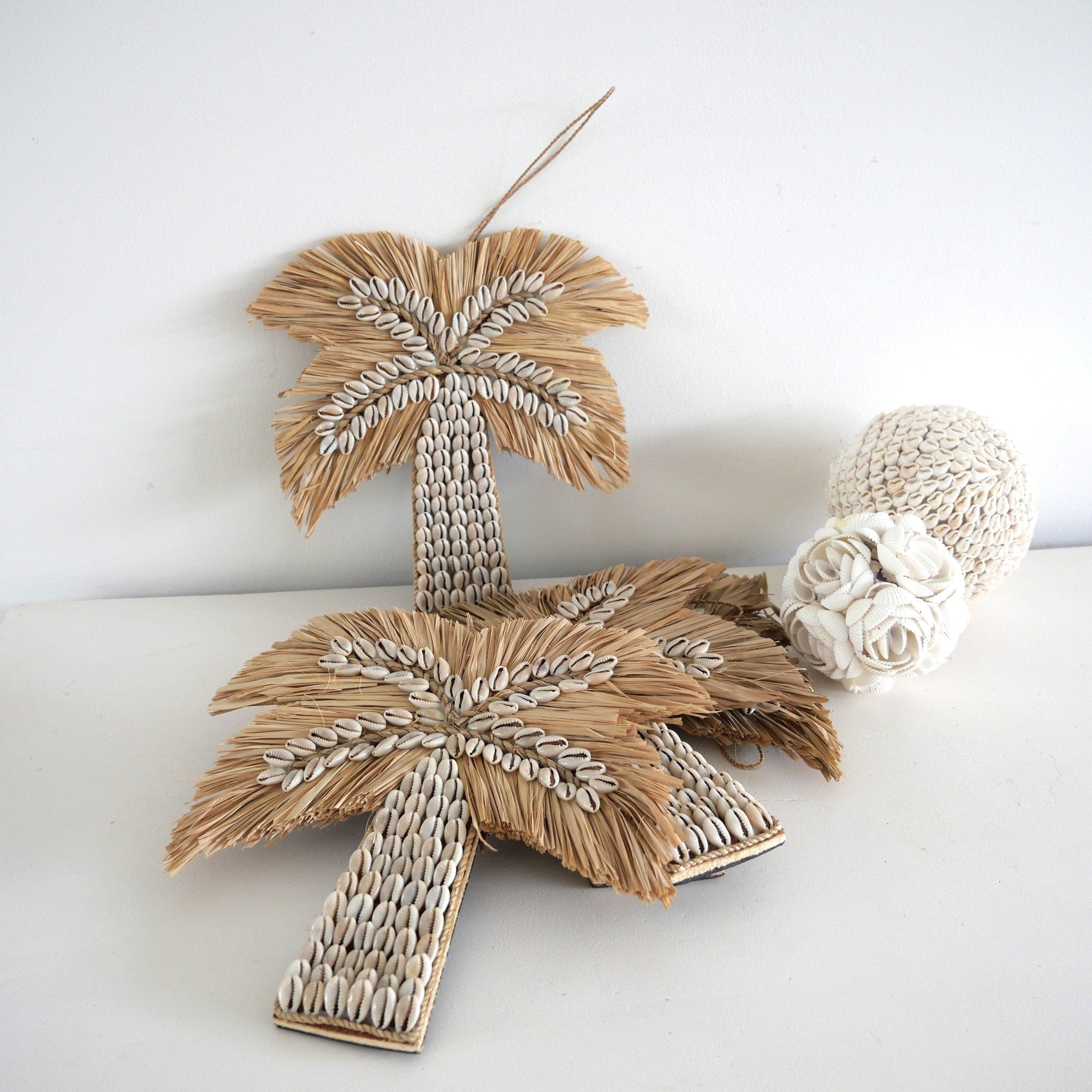 Handmade Raffia Palm Tree Shell Decor – Coastal Boho Beach Home Decor