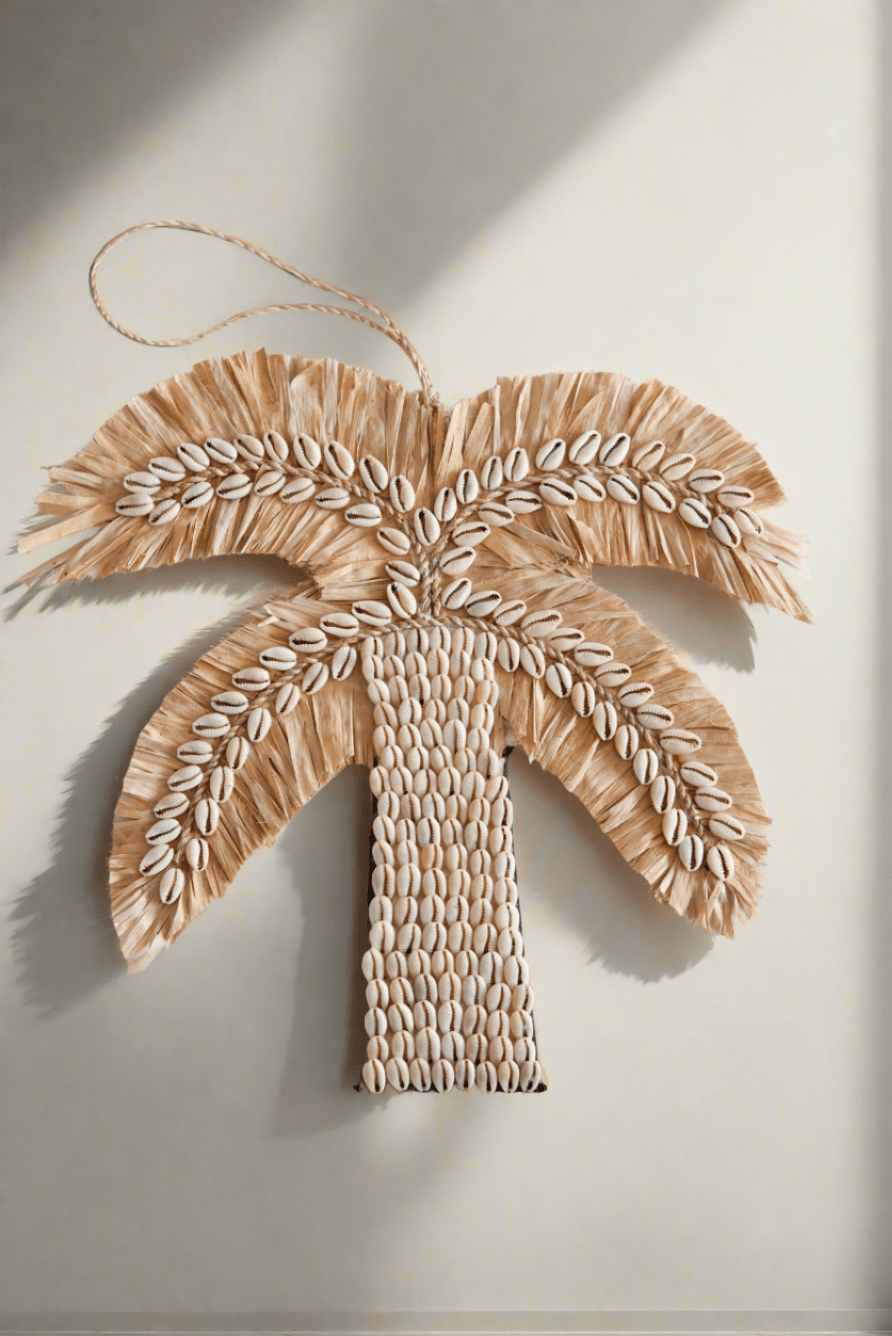 Handmade Raffia Palm Tree Shell Decor – Coastal Boho Beach Home Decor