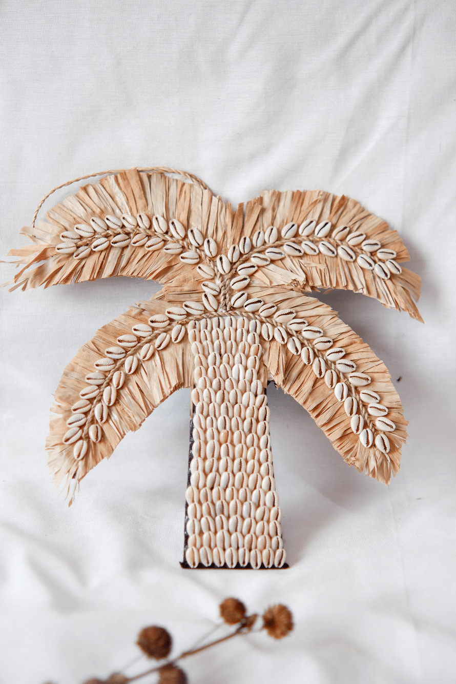 Handmade Raffia Palm Tree Shell Decor – Coastal Boho Beach Home Decor