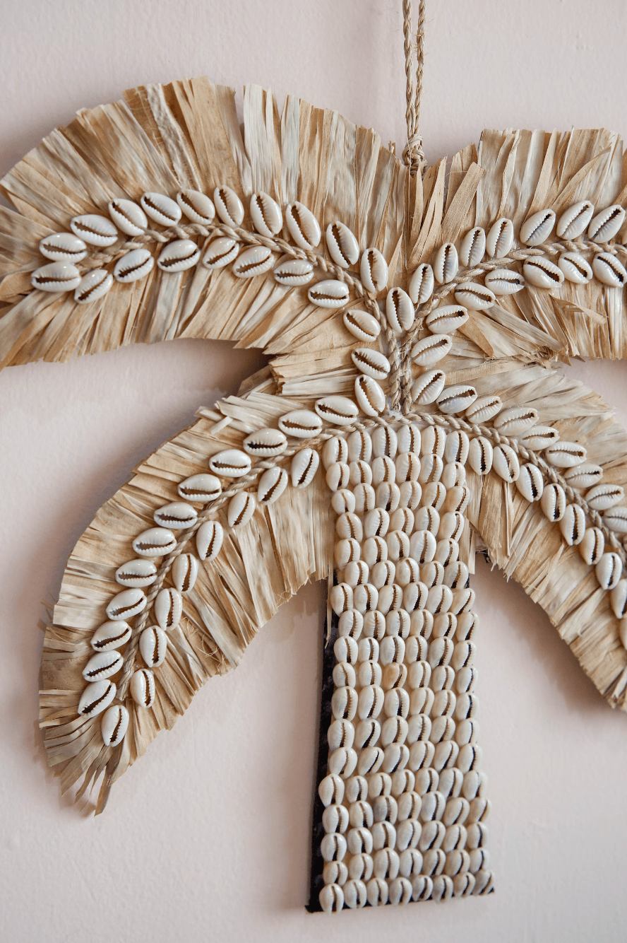 Handmade Raffia Palm Tree Shell Decor – Coastal Boho Beach Home Decor