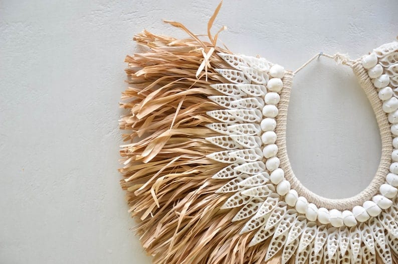 Handmade Raffia Tribal Necklace – Boho Wall Hanging with Tropical Shells