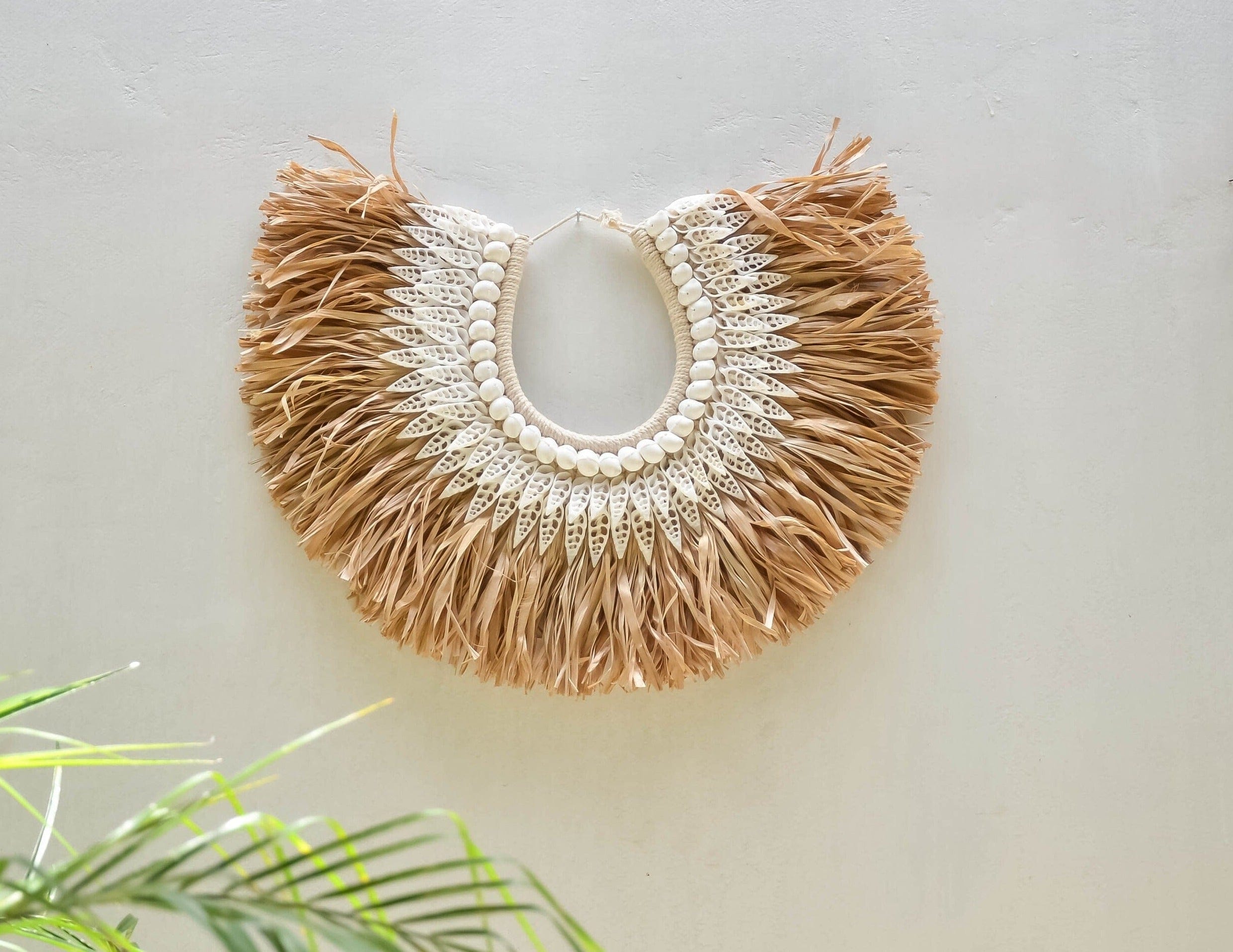 Handmade Raffia Tribal Necklace – Boho Wall Hanging with Tropical Shells