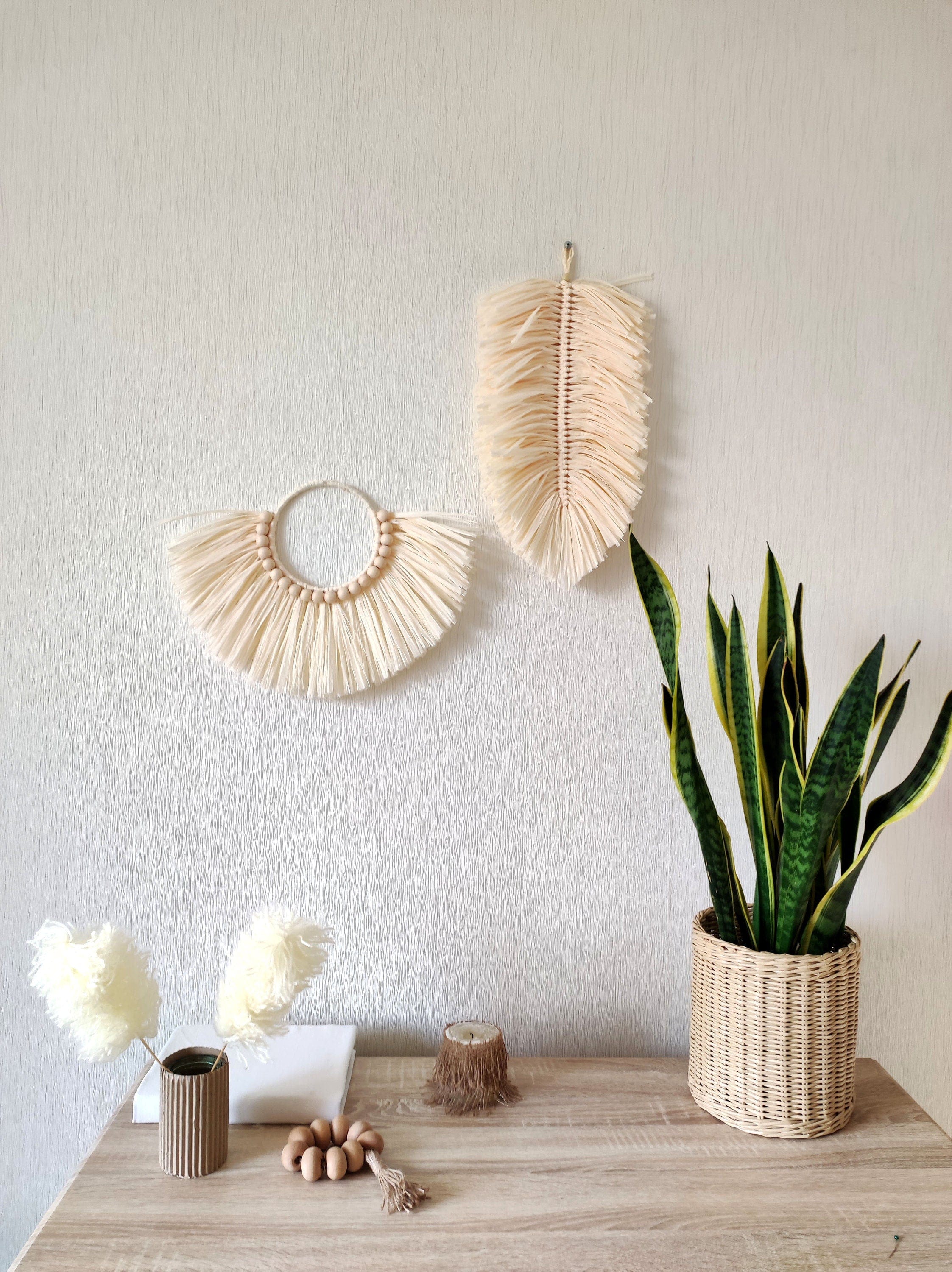 Handmade Raffia Wall Hanging with Wooden Beads – Boho and Scandinavian Inspired Decor, Macrame Art