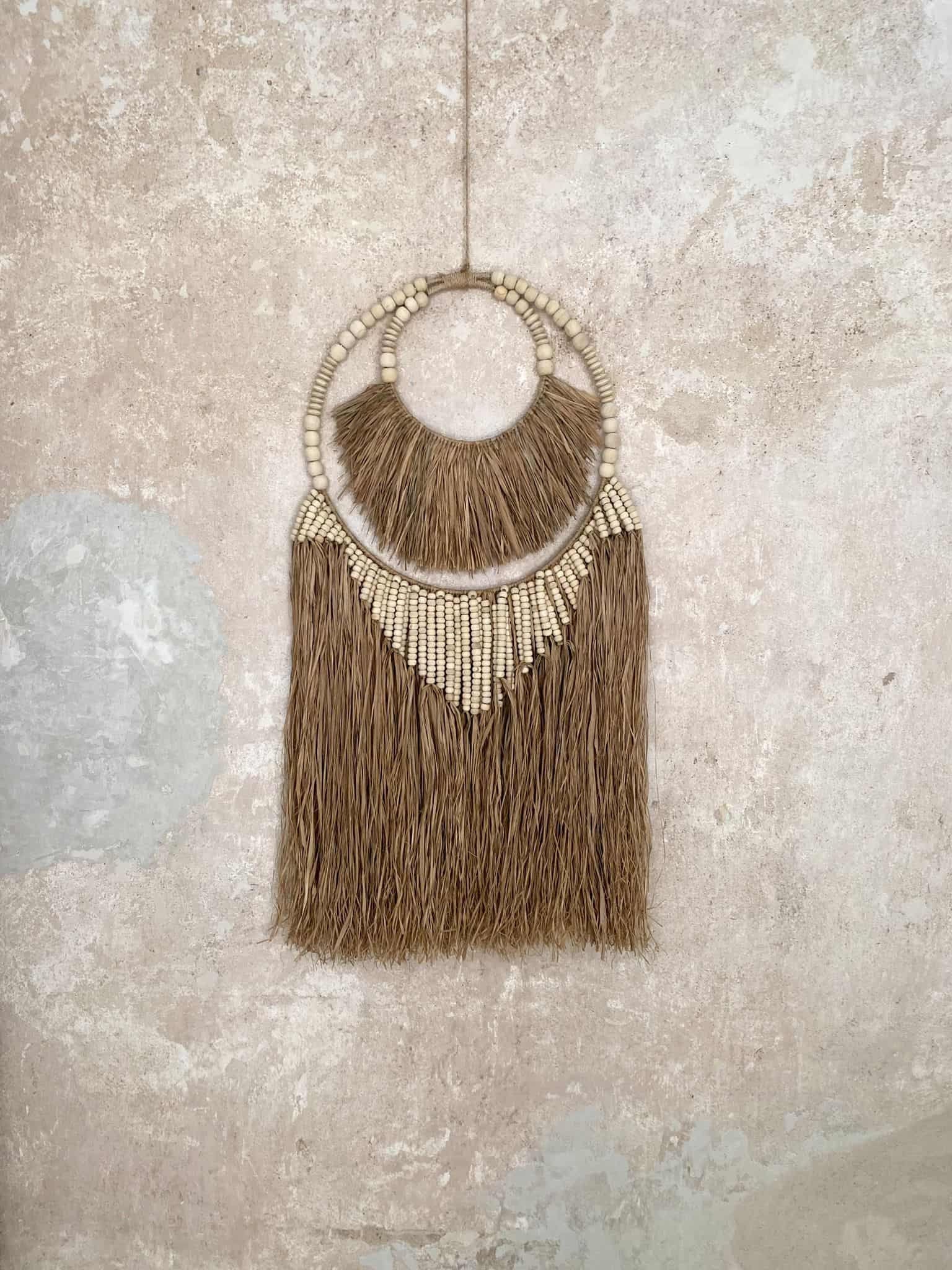 Handmade Rustic Beaded Wall Hanging - Raffia Fringes, 92cm, Natural Wood, Bali Craftsmanship