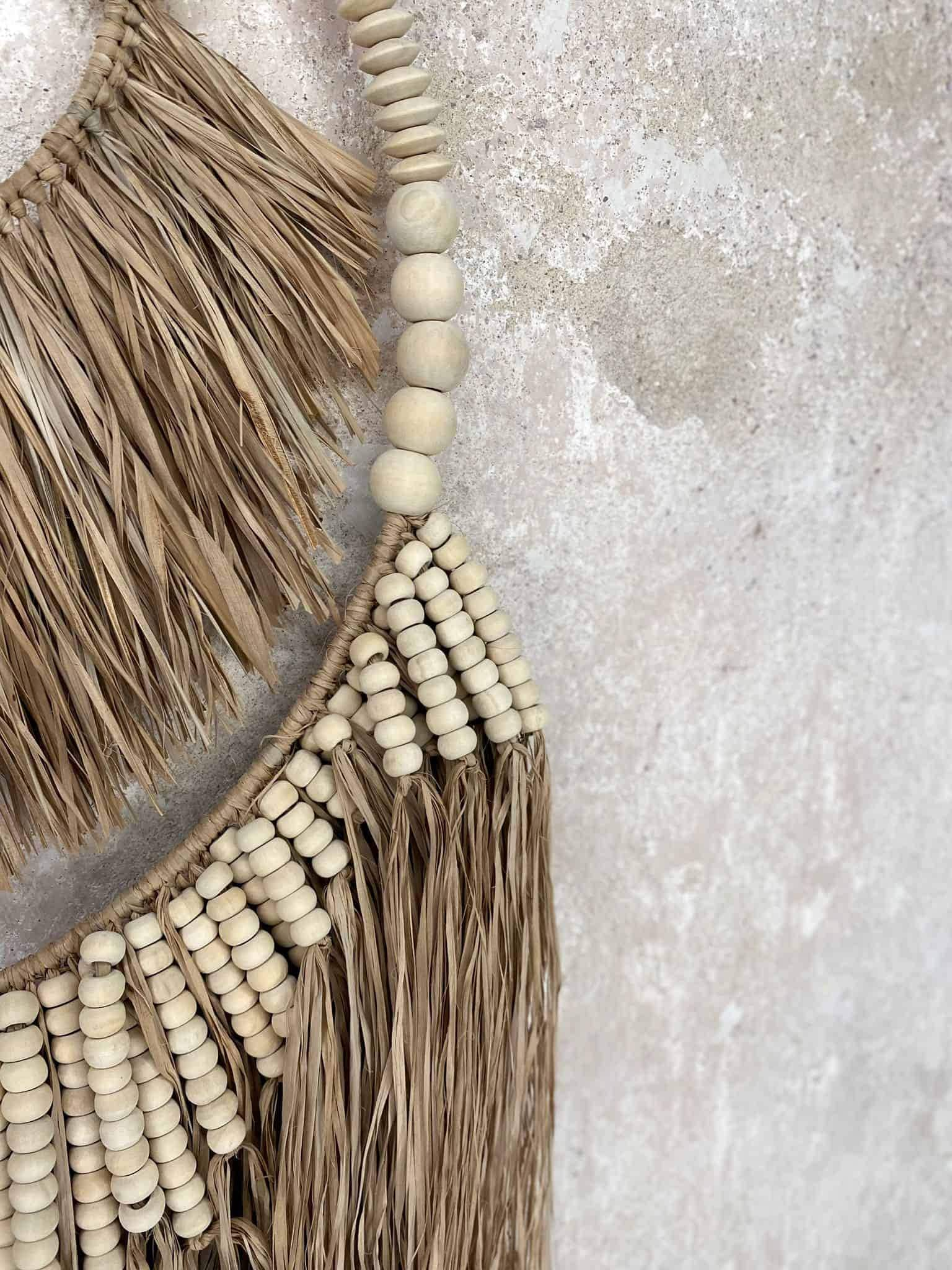 Handmade Rustic Beaded Wall Hanging - Raffia Fringes, 92cm, Natural Wood, Bali Craftsmanship