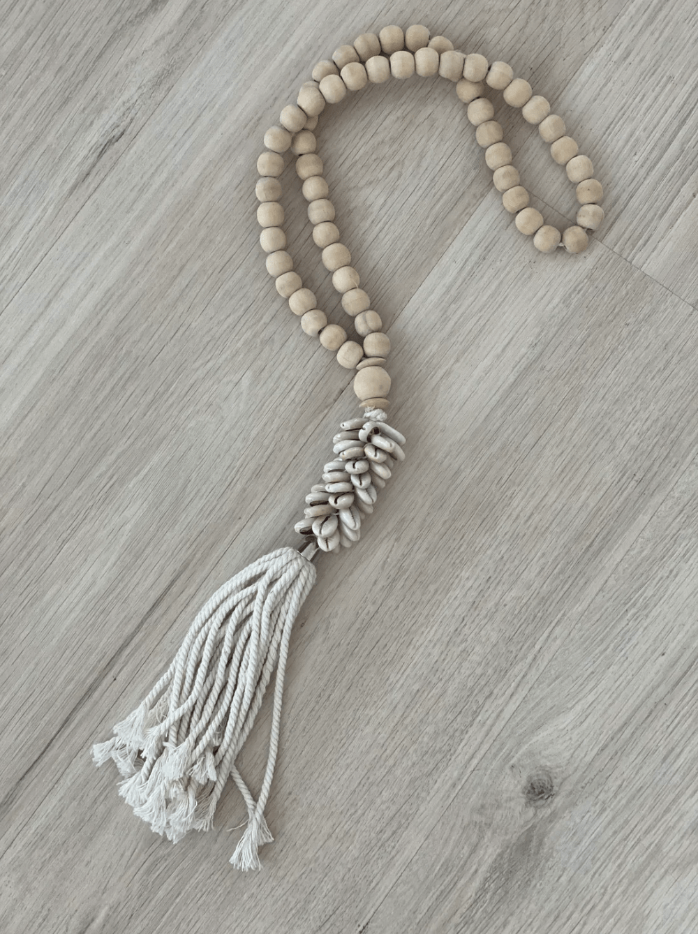 Handmade Shell Door Tassel with Wooden Beads | Ecru Color Large Pompom | Boho Macramé Rope and Natural Shells