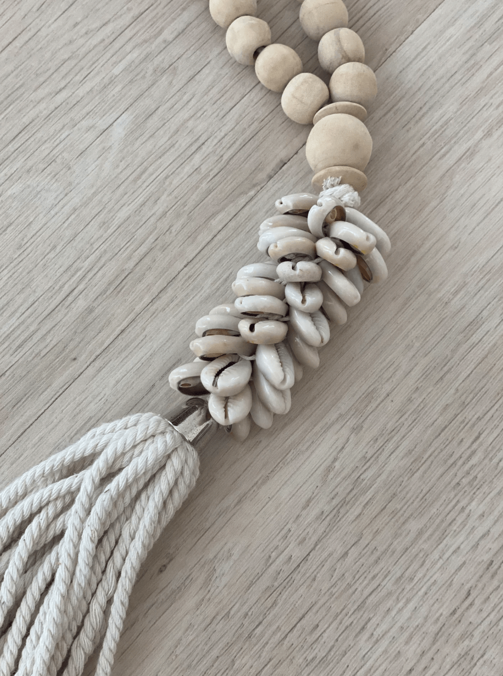 Handmade Shell Door Tassel with Wooden Beads | Ecru Color Large Pompom | Boho Macramé Rope and Natural Shells