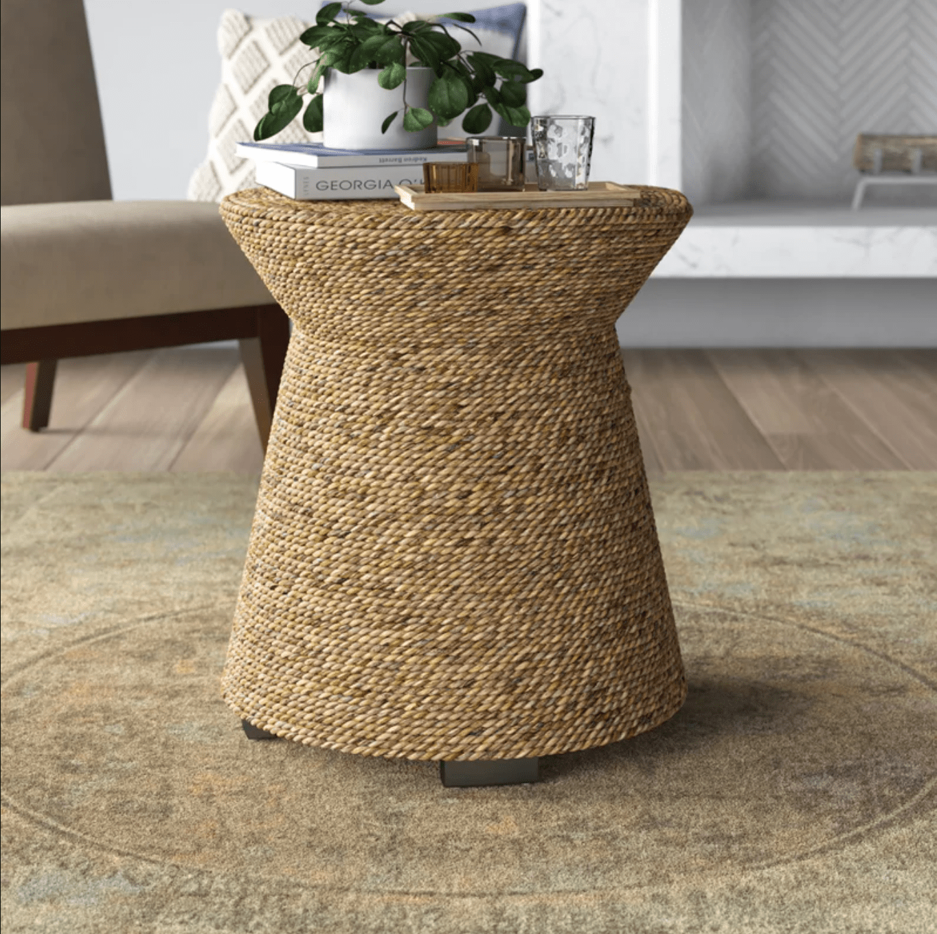 Handwoven Abaca Wooden End Table | Natural Brown | Rustic Farmhouse Accent Furniture