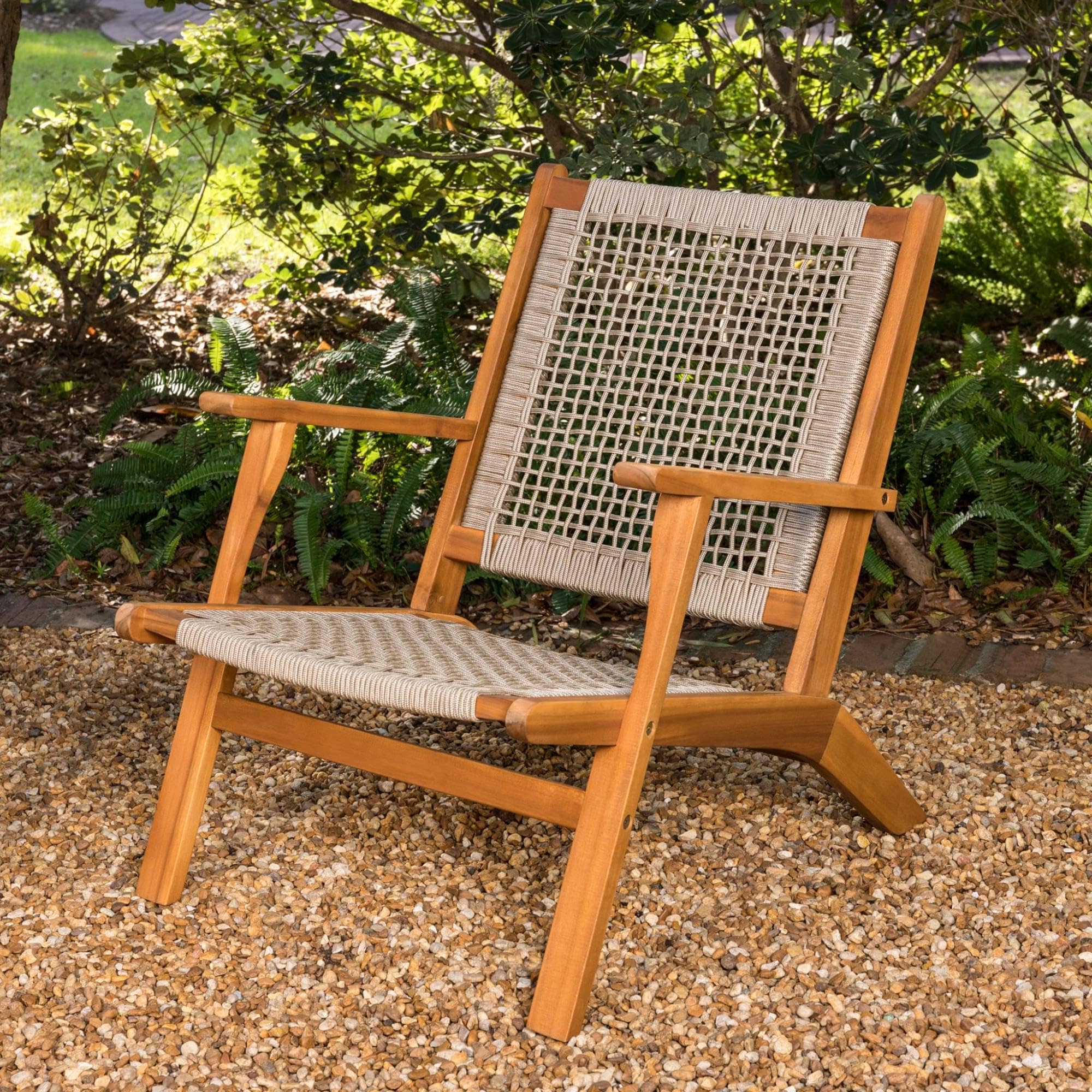 Handwoven Acacia Wood Outdoor Chair – Mid Century Patio and Garden Seating