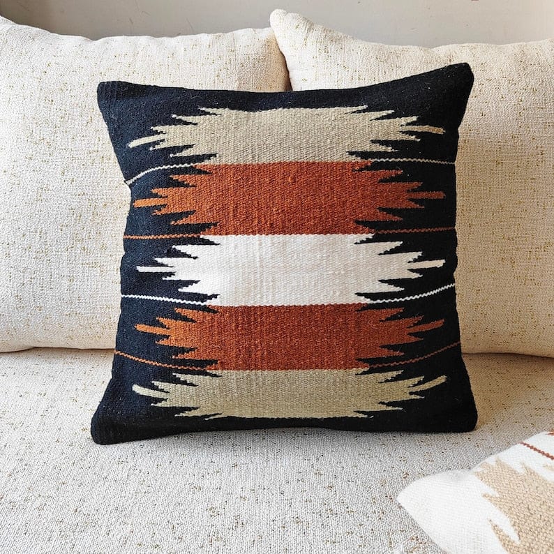 Handwoven Cotton & Wool Kilim Cushion Cover | Tulum Style Throw Pillow Cover | 18x18, 20x20 Inches | Textured Handmade Cover by Indian Artisans