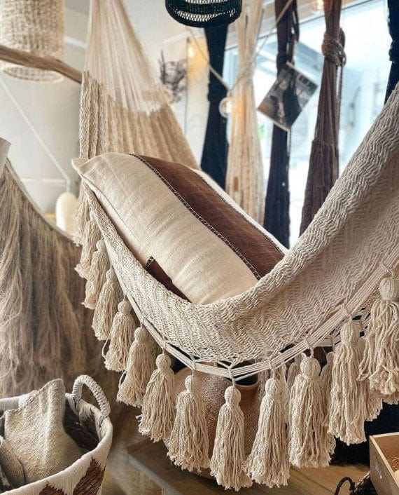 Handwoven Mexican Boho Hammock – Fringed Cotton Swing for Two