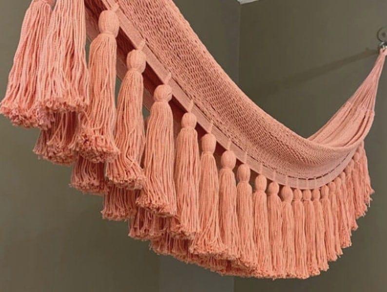 Handwoven Mexican Boho Hammock – Fringed Cotton Swing for Two Single / Coral