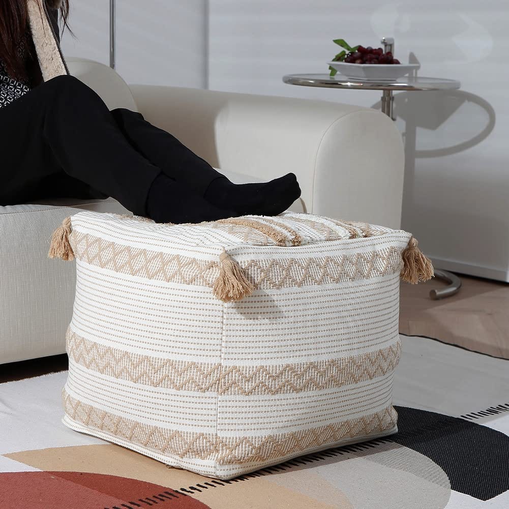 Handwoven Tassel Pouf Cover - Farmhouse Chic Ottoman Cover for Cozy Home Decor 18"x18"x16"