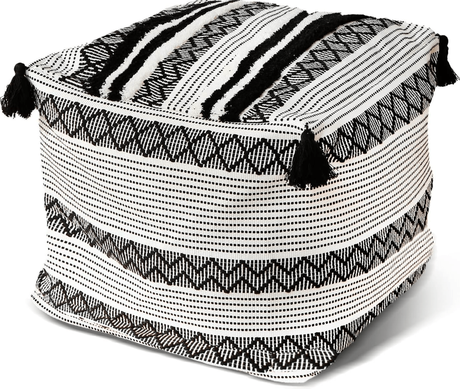 Handwoven Tassel Pouf Cover - Farmhouse Chic Ottoman Cover for Cozy Home Decor 18"x18"x16" Black