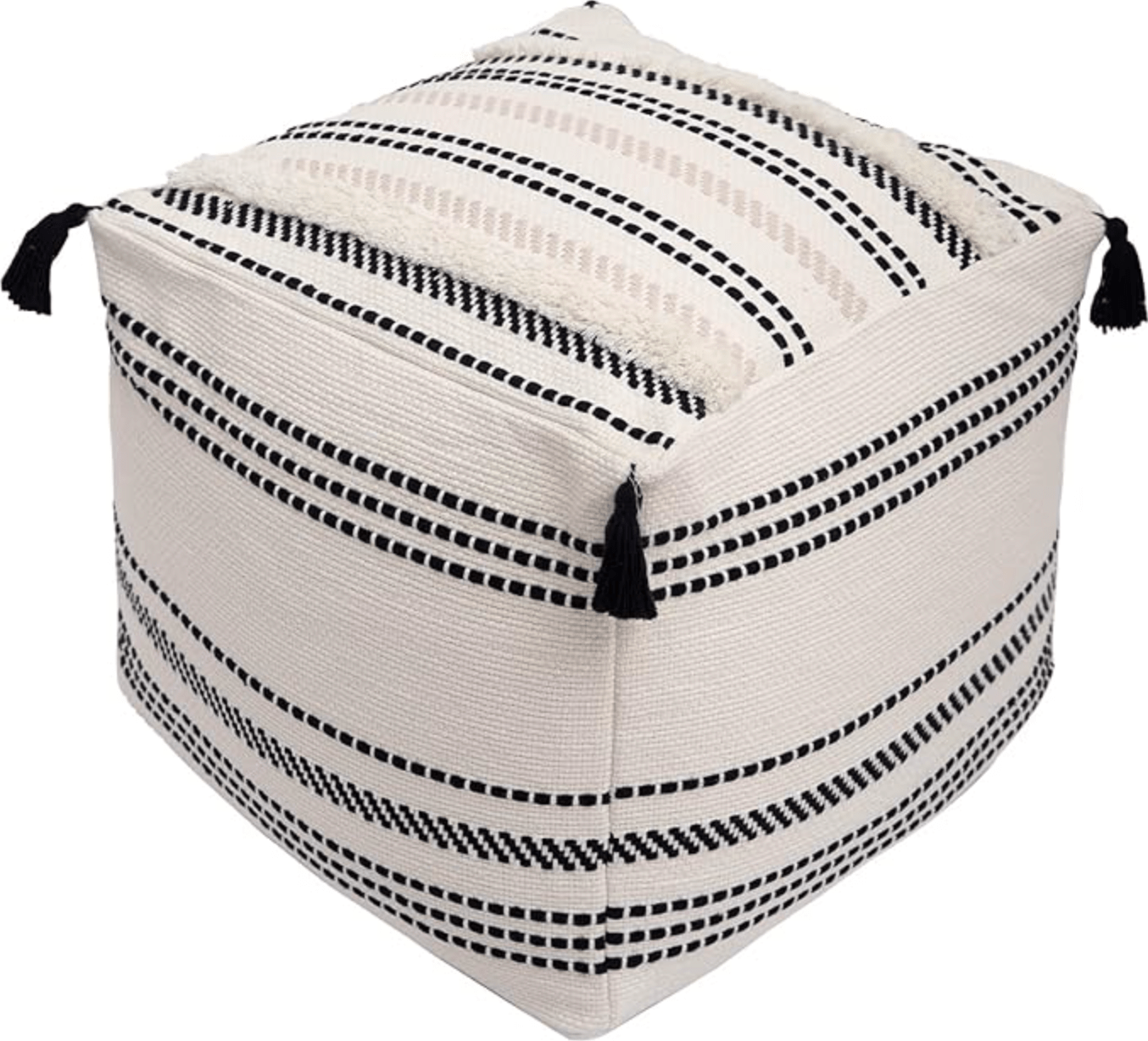 Handwoven Tassel Pouf Cover - Farmhouse Chic Ottoman Cover for Cozy Home Decor 18"x18"x16" Black & Cream