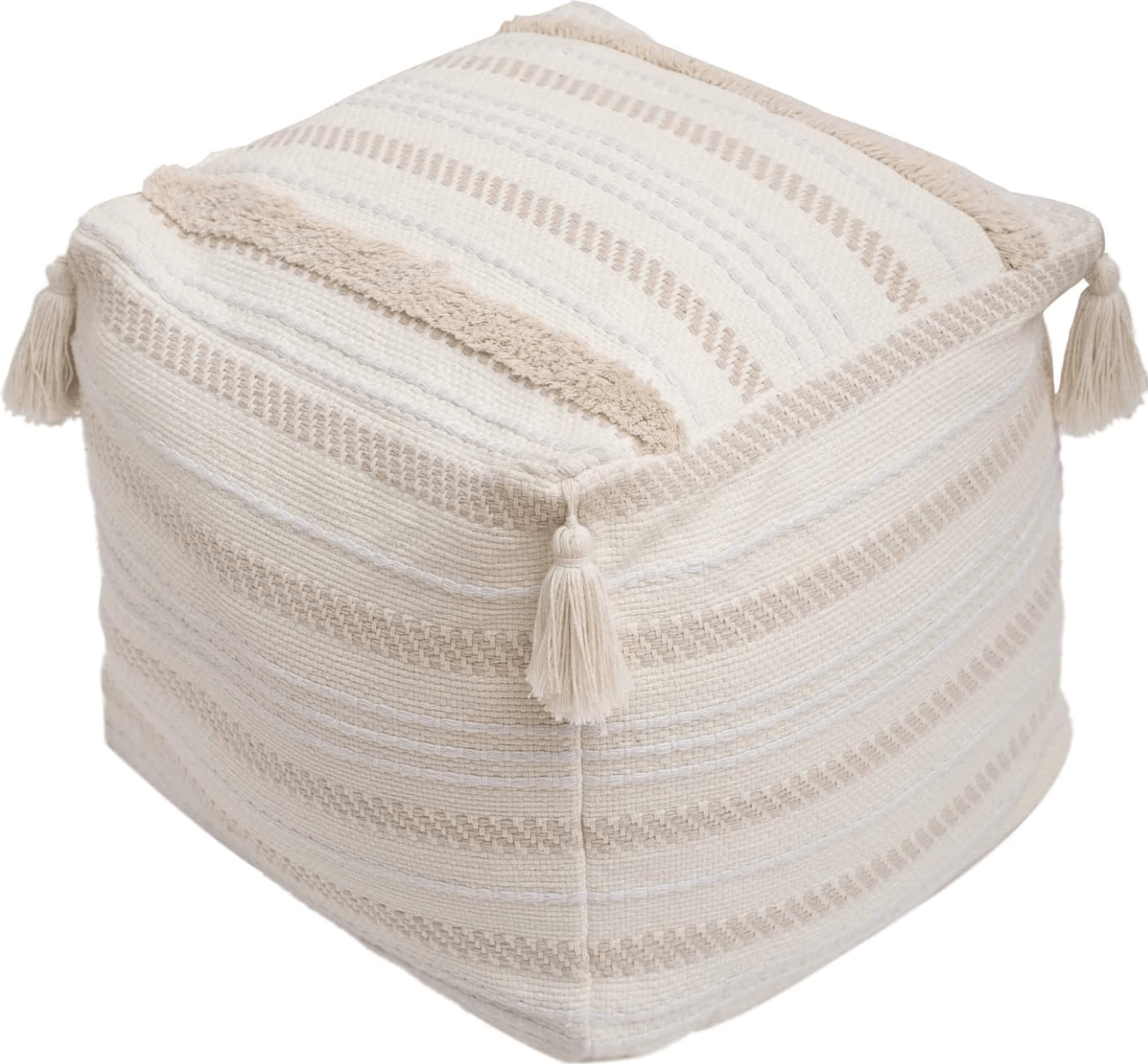 Handwoven Tassel Pouf Cover - Farmhouse Chic Ottoman Cover for Cozy Home Decor 18"x18"x16" Cream