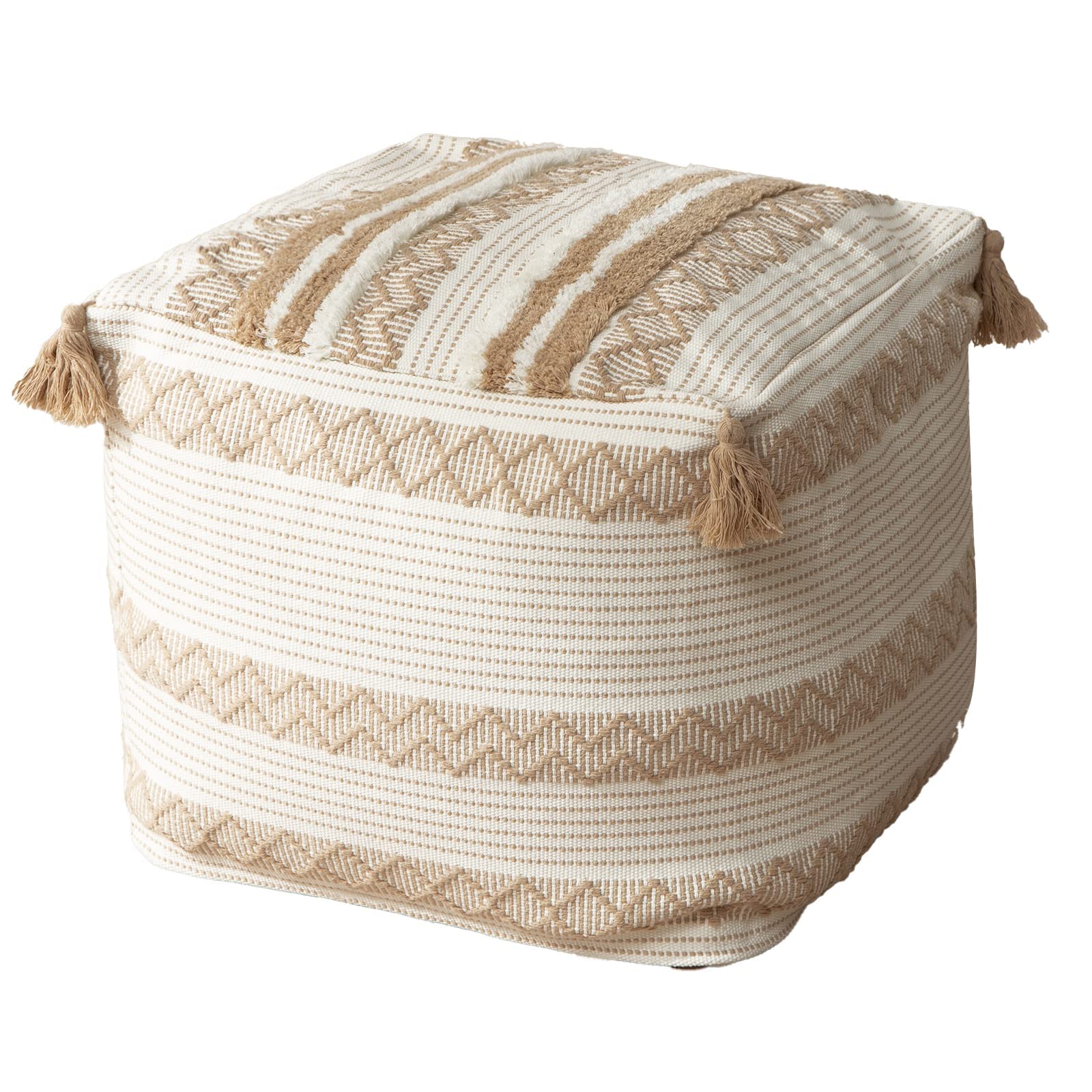 Handwoven Tassel Pouf Cover - Farmhouse Chic Ottoman Cover for Cozy Home Decor 18"x18"x16" Khaki & Cream