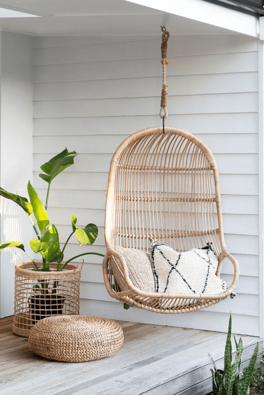 Hanging Rattan Swing Chair with Seat Cushion - Handwoven Natural Rattan for Coastal Home Decor